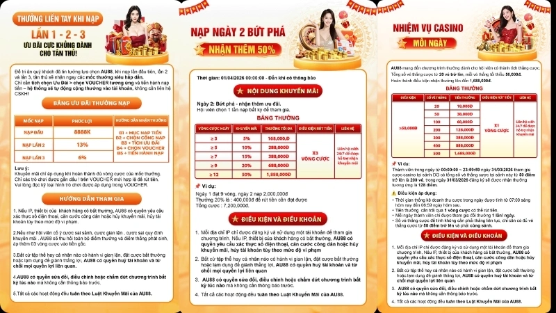Thưởng nạp đầu AU88 tặng quà 3 lần nạp lên đến 8,888K